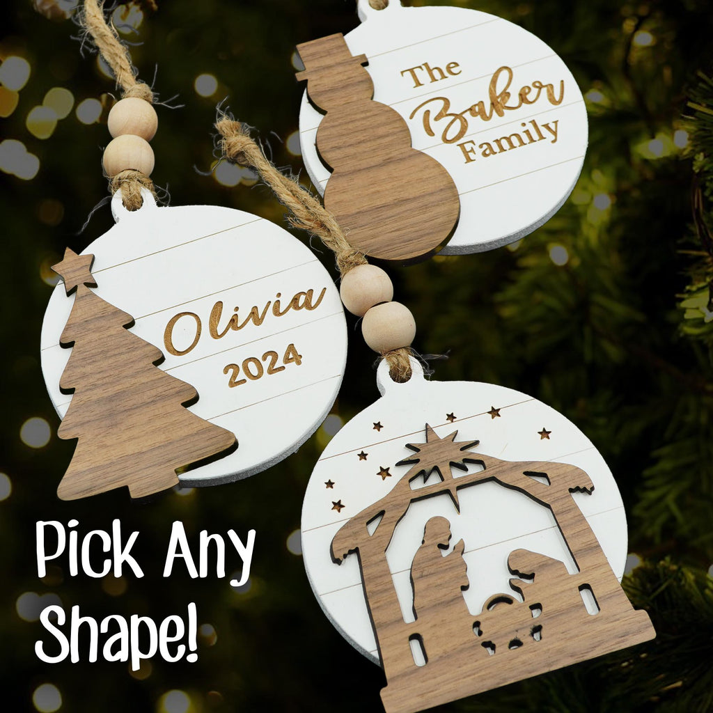 Pick-A-Shape Christmas Ornament Personalized - 2024 Custom Wood Wooden Family manger scene vintage name kids gift present decor