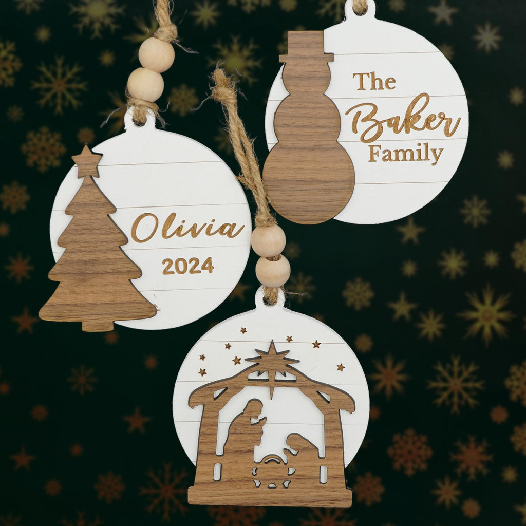 Pick-A-Shape Christmas Ornament Personalized - 2024 Custom Wood Wooden Family manger scene vintage name kids gift present decor