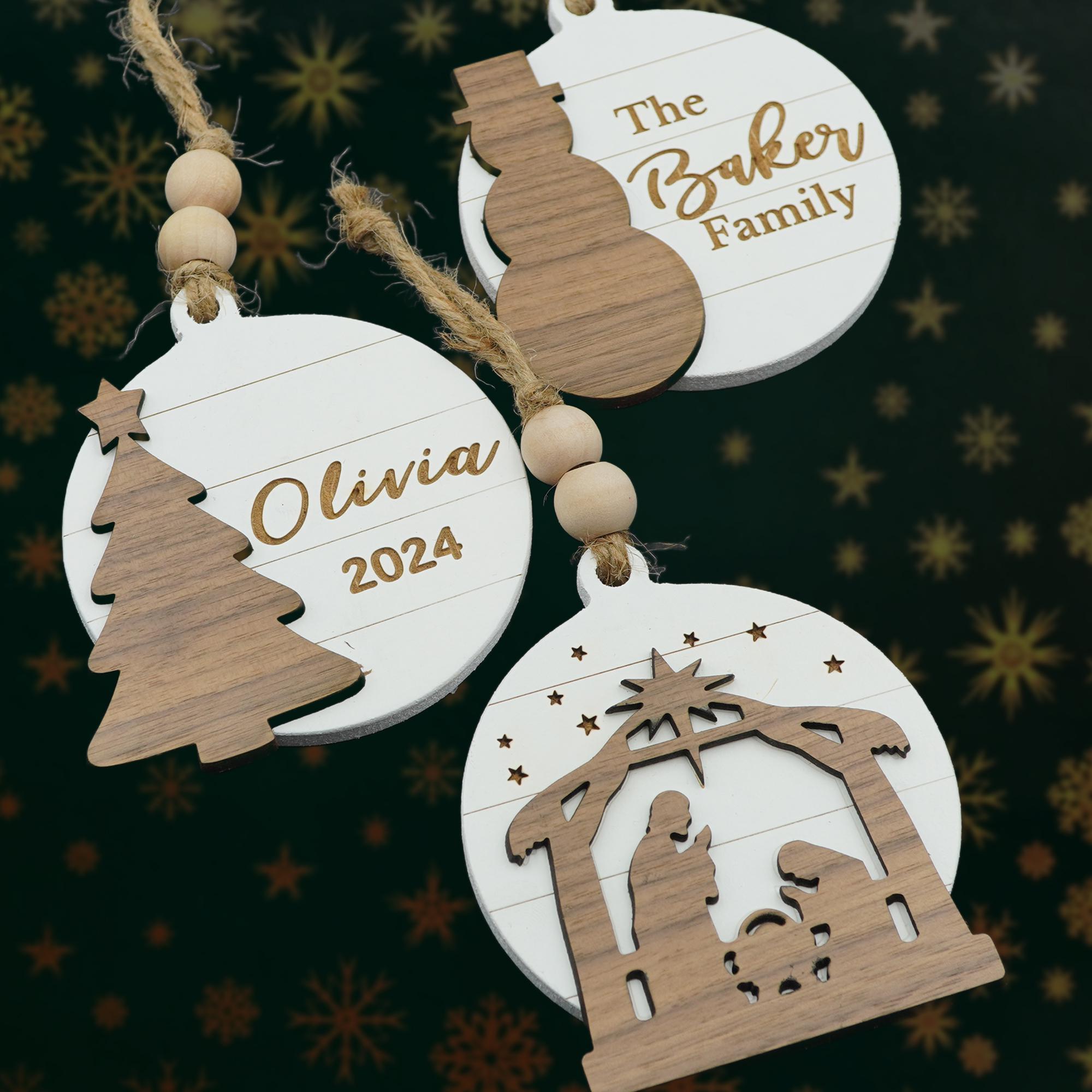 Pick-A-Shape Christmas Ornament Personalized - 2024 Custom Wood Wooden Family manger scene vintage name kids gift present decor